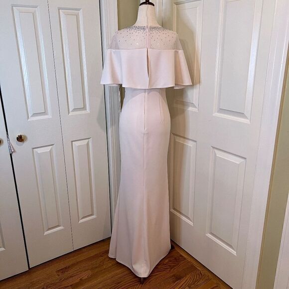NWT Calvin Klein Full Length Stretch Crepe Beaded Cape Gown Dress Blush Pink 8 - Picture 5 of 8